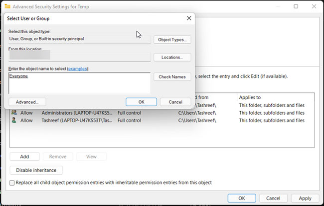 sua-loi-the-installer-has-encountered-an-unexpected-error-2203-5 Nhập Everyone vào hộp Enter the object names to select