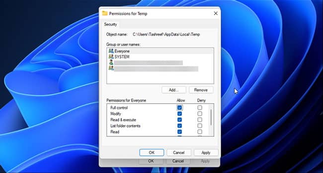 sua-loi-the-installer-has-encountered-an-unexpected-error-2203-6 Chọn hộp Allow cho Full Control