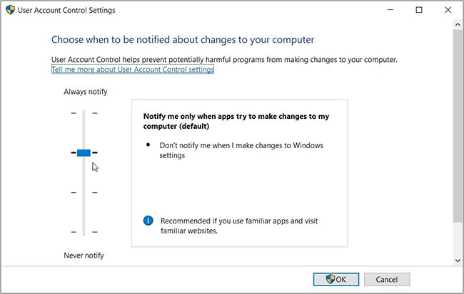 sua-loi-this-app-can-t-be-activated-when-uac-is-disabled-3 Kéo nút trên thanh trượt đến tùy chọn “Always notify”