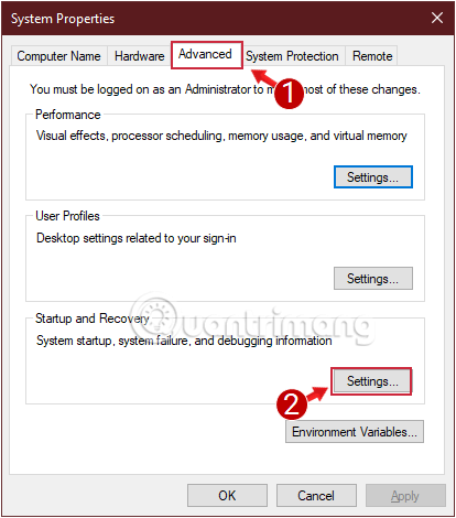 sua-loi-win-10-bi-treo-17 Tại thẻ Advanced, bạn click chọn Settings trong mục Startup and Recovery