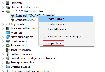 sua-loi-win-10-bi-treo-23 Kích chuột phải vào Standard SATA AHCI Controller chọn Properties