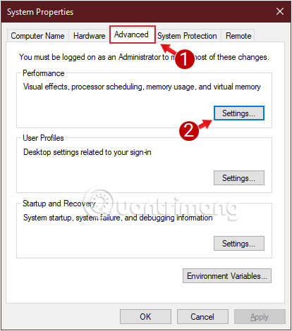 sua-loi-win-10-bi-treo-6 Tại thẻ Advanced, bạn click chọn Settings trong mục Performance