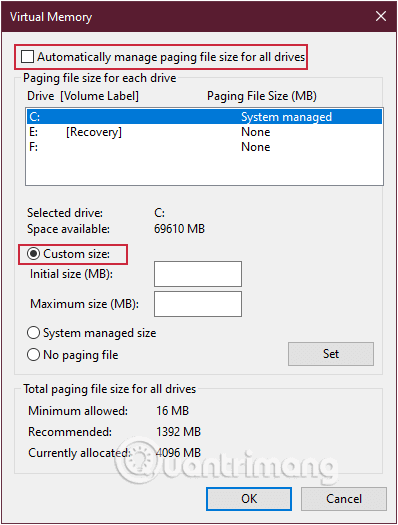 sua-loi-win-10-bi-treo-8 Bỏ tích mục Automatically manage paging file size for all drives và tích chọn Custom size