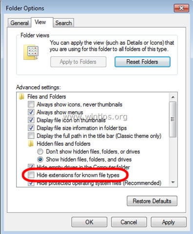 Tại tab View bỏ chọn Hide extensions for known file types rồi click chọn OK.