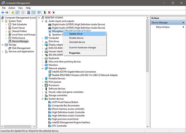 sua-loi-windows-khong-phat-hien-micro-3 Cập nhật driver trong cài đặt Computer Management