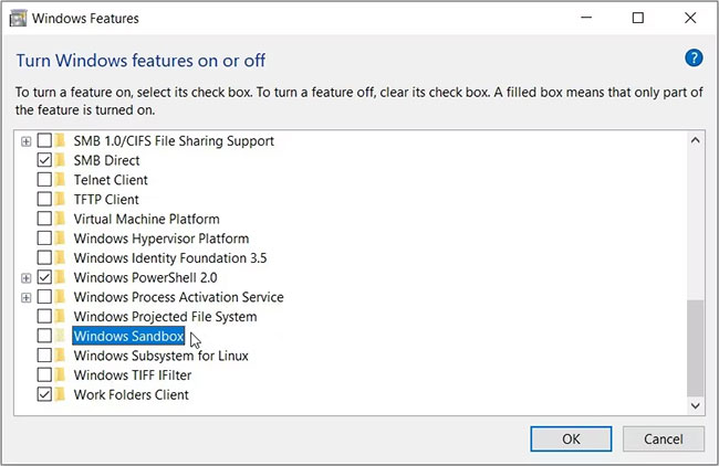 Tắt và bật lại công cụ Windows Sandbox