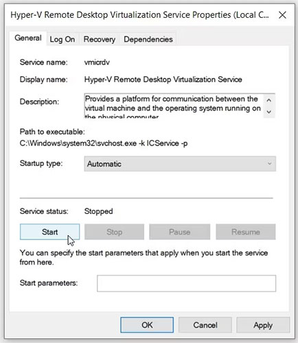 Cấu hình cài đặt cho Hyper-V Remote Desktop Virtualization Service