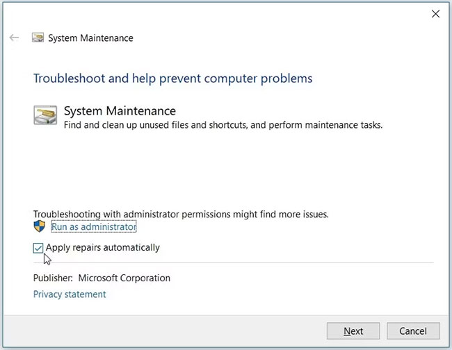 Chạy trình gỡ lỗi System Maintenance