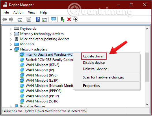 sua-wifi-khong-ket-noi-win-10-17 Kích chuột phải vào adapter mà bạn sử dụng, chọn tùy chọn Update driver
