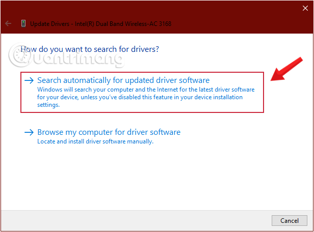sua-wifi-khong-ket-noi-win-10-18 Yêu cầu Windows tìm driver bằng cách click chọn Search automatically for updated driver software