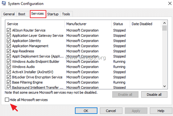 tại tab Services đánh tích chọn khung Hide all Microsoft services
