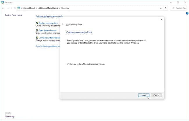 tao-o-cung-khoi-phuc-recovery-10 Chọn hộp Back up system files to the recovery drive