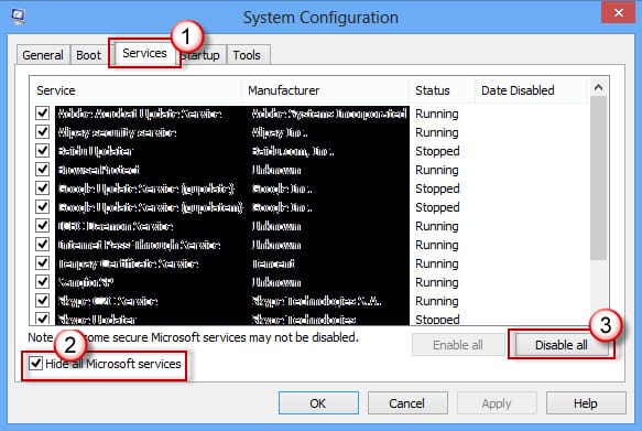 thuc-hien-clean-boot-2 Chọn Services > Hide all Microsoft services > Disable all