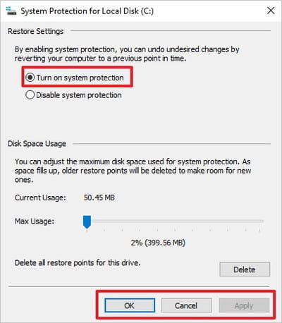 chọn Turn on system protection