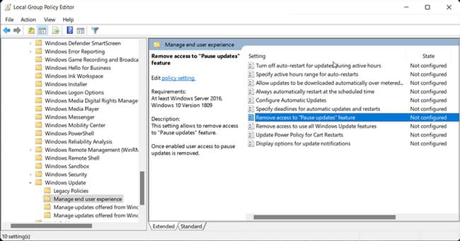 tuy-chon-pause-windows-updates-khong-kha-dung-1 Nhấp đúp vào policy Remove access to “Pause updates” feature