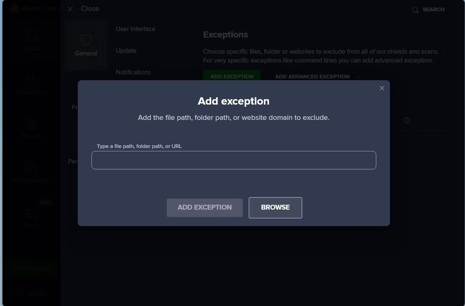 unrealcefsubprocess-10 Nhấp vào Browse trong cửa sổ Add exception thuộc ứng dụng Avast Antivirus