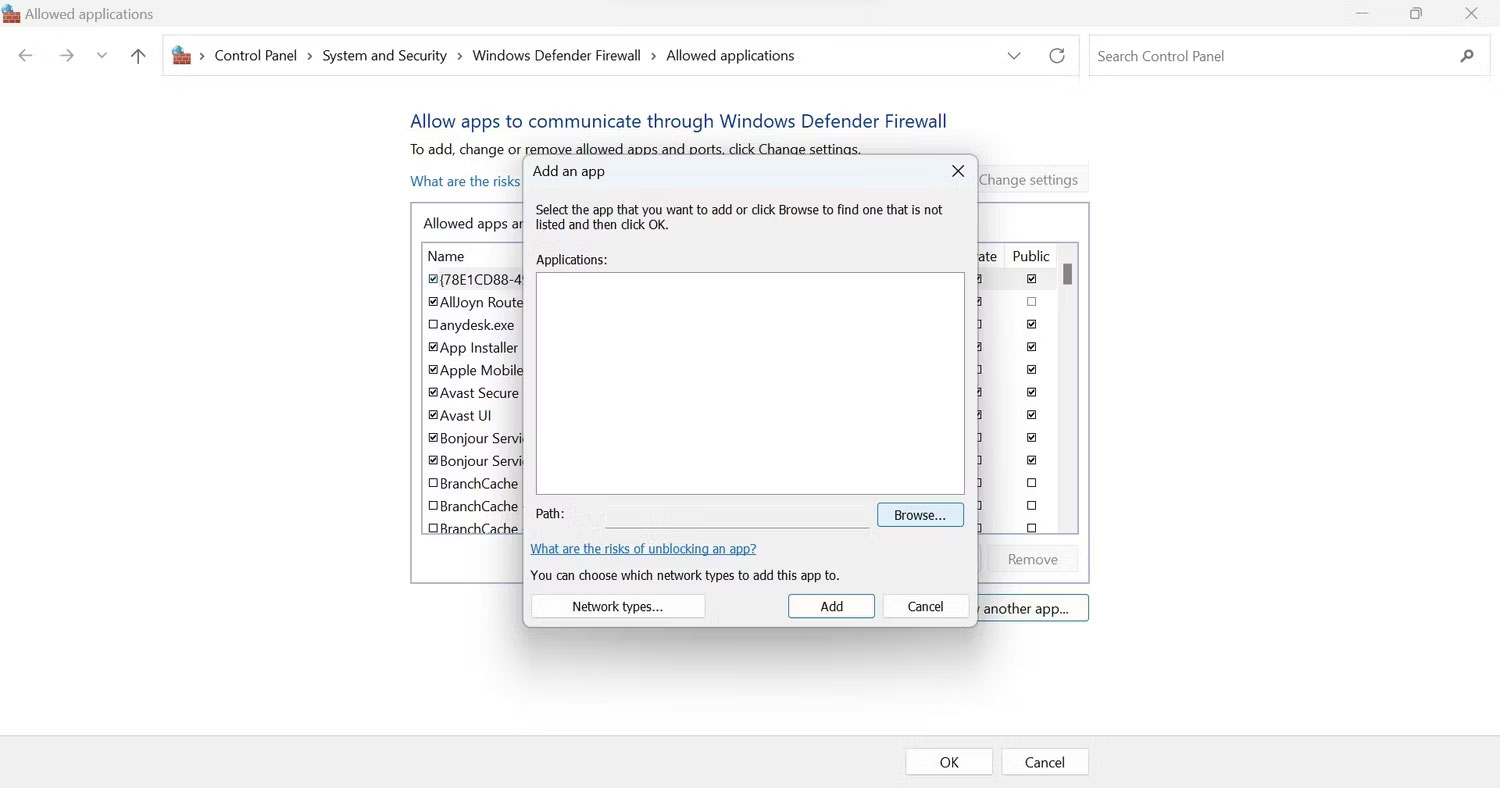 unrealcefsubprocess-4 Nhấp vào nút Browse trong cửa sổ Add an app trong cài đặt tường lửa của Windows Defender