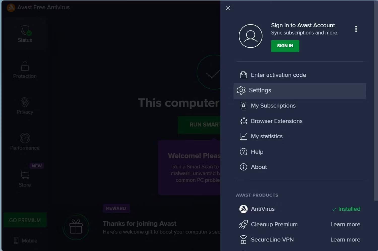 unrealcefsubprocess-8 Chuyển đến Settings trong ứng dụng Avast Antivirus