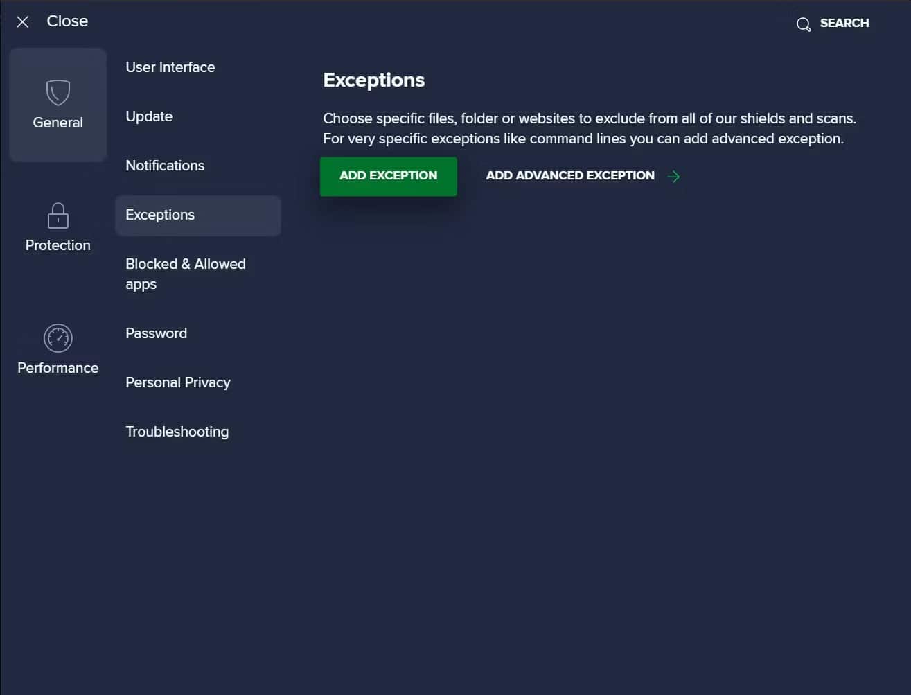 unrealcefsubprocess-9 Nhấp vào Add Exception trong cài đặt General thuộc ứng dụng Avast Antivirus