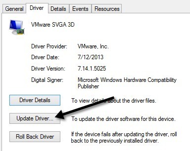 click chọn tab Driver, sau đó click chọn nút Update driver