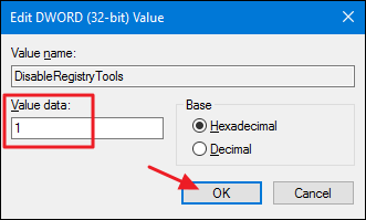 thay đổi giá trị trong khung Value Data từ 0 thành 1 rồi click chọn OK