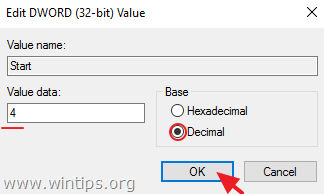 thay đổi giá trị trong khung Value Data từ 2 thành 4 rồi click chọn OK