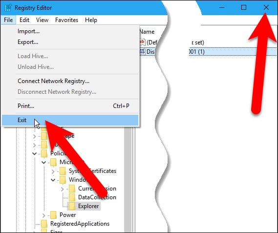 Đóng cửa sổ Registry Editor