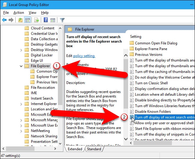 Turn off display of recent search entries in the Windows Explorer search box
