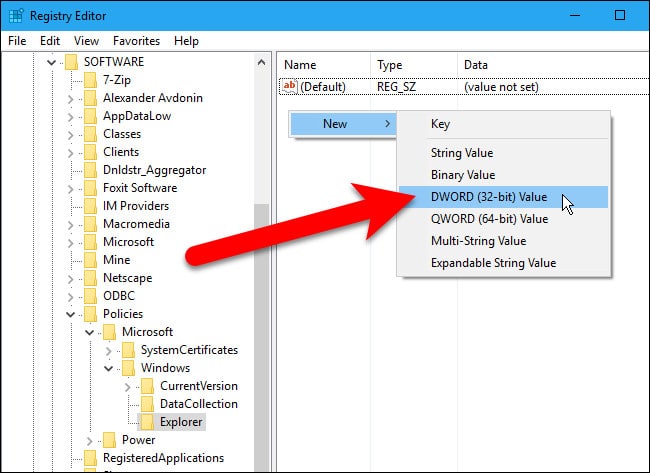 Chọn New => DWORD (32-bit) Value.