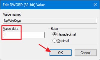 Thay đổi giá trị trong khung Value data từ 0 thành 1 rồi click chọn OK.