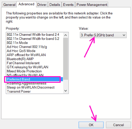 windows-10-khong-phat-hien-mang-wifi-5ghz-3 Chọn tùy chọn Prefer 5.2 GHz band