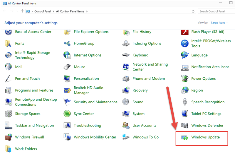 vào Control Panel sau đó chọn Windows Update