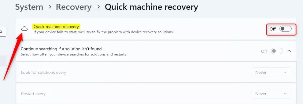 Bật Quick machine recovery